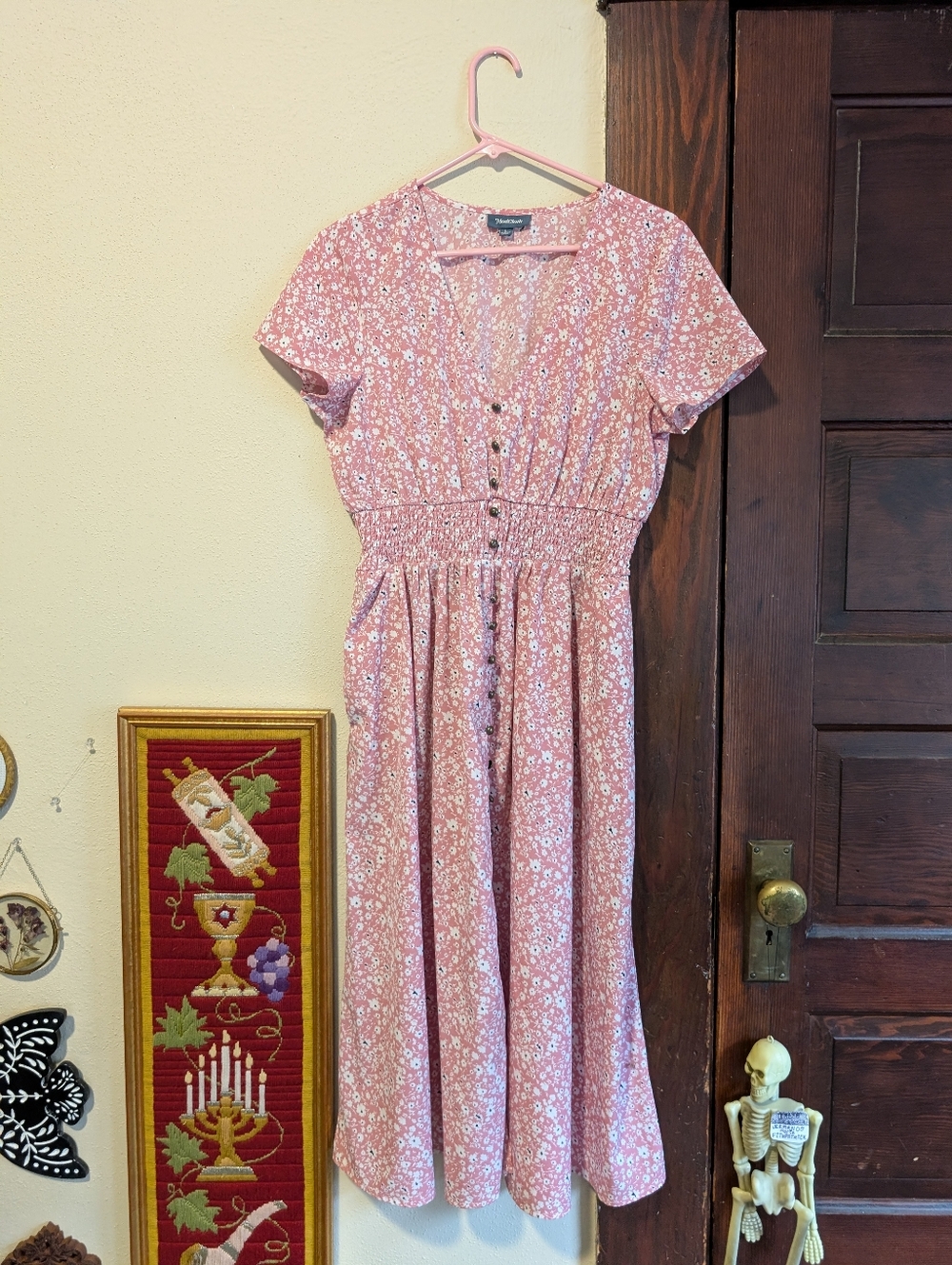 Modcloth Floral Pink Faux Button Down Midi Dress